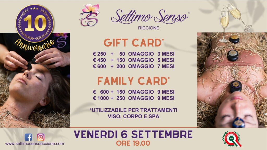 Gift e Family Card con bonus 10° anniversario Settimo Senso Riccione 10 anni